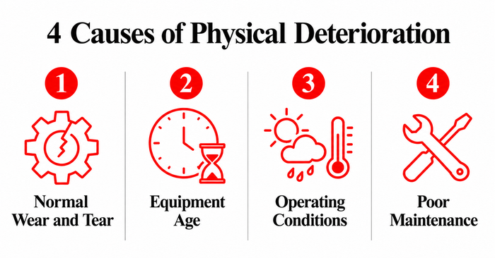 Physical Deterioration infographic showing four causes of machinery wear: normal wear and tear, equipment age, operating conditions, and poor maintenance.
